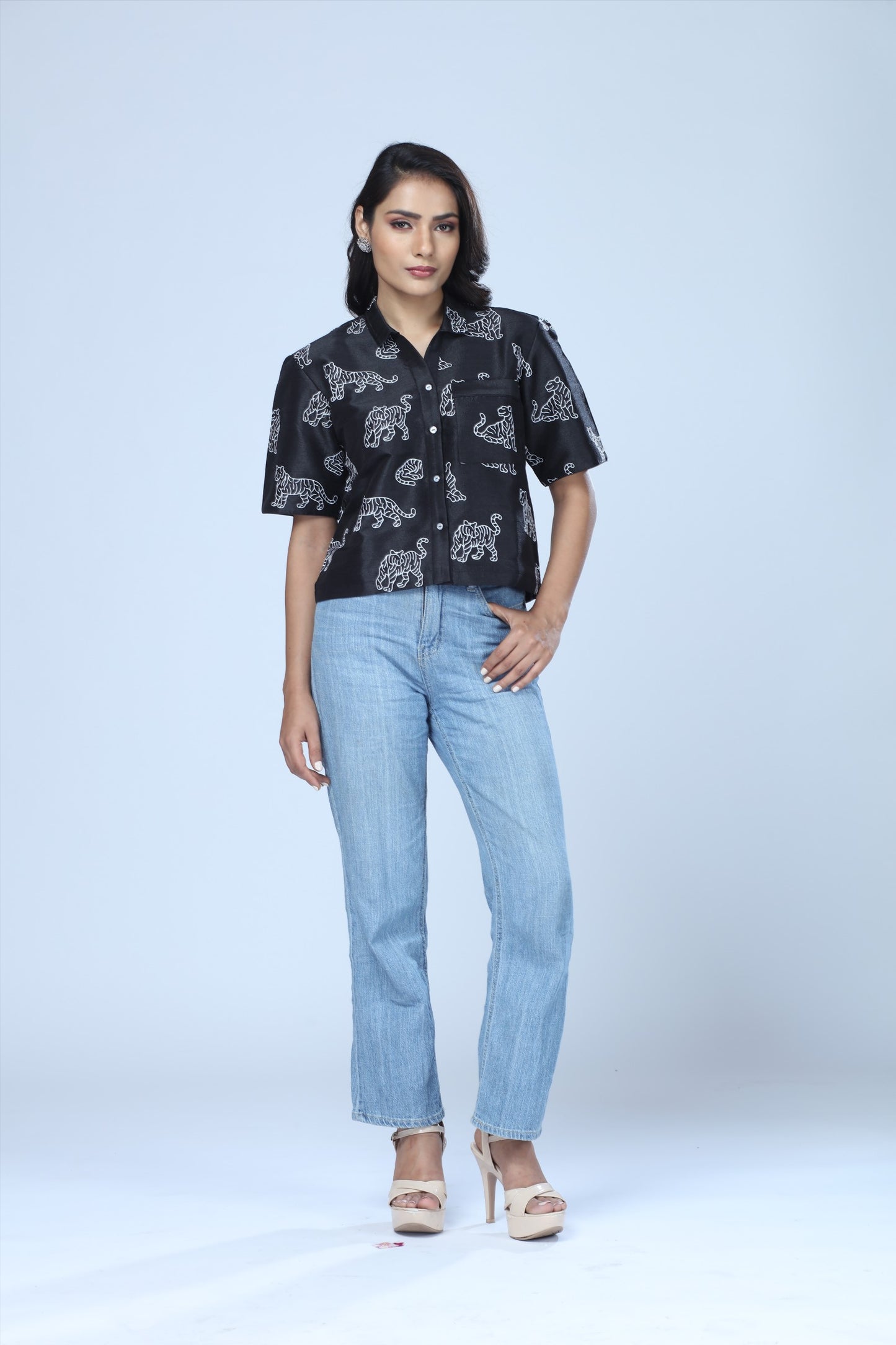 Midnight Tiger Embroidered Cropped Shirt – Modern Indian Heritage Statement - Indian Tiger inspired Cropped Shirt