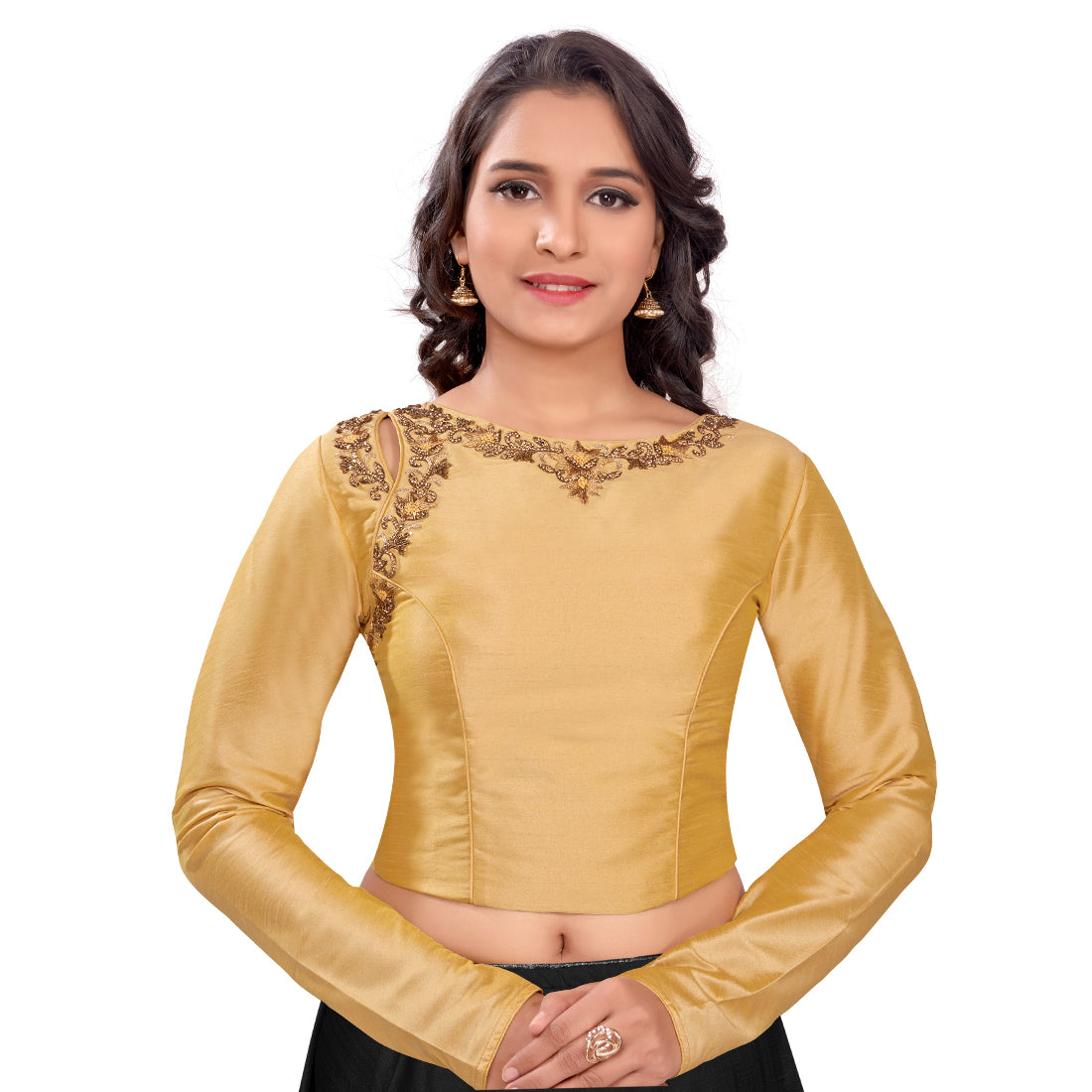 Bhavna Saree Blouse - Gold, Handmade Indian Art Silk Full Sleeve Long Saree Blouse for Women Readymade USA, Long Sleeve Choli Blouse for Sari