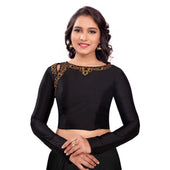 Bhavna Saree Blouse - Black, Handmade Indian Art Silk Full Sleeve Long Saree Blouse for Women Readymade USA, Long Sleeve Choli Blouse for Sari