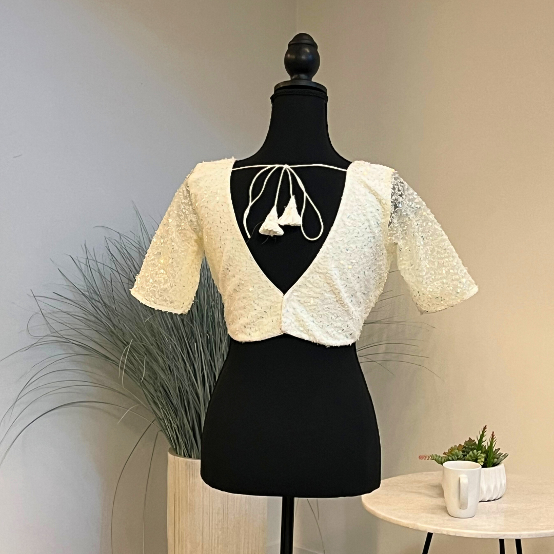 Ananya Saree Blouse - Snow White, Handmade Indian Half Sleeve  Saree Blouse for Women Readymade USA, Choli Blouse for Sari