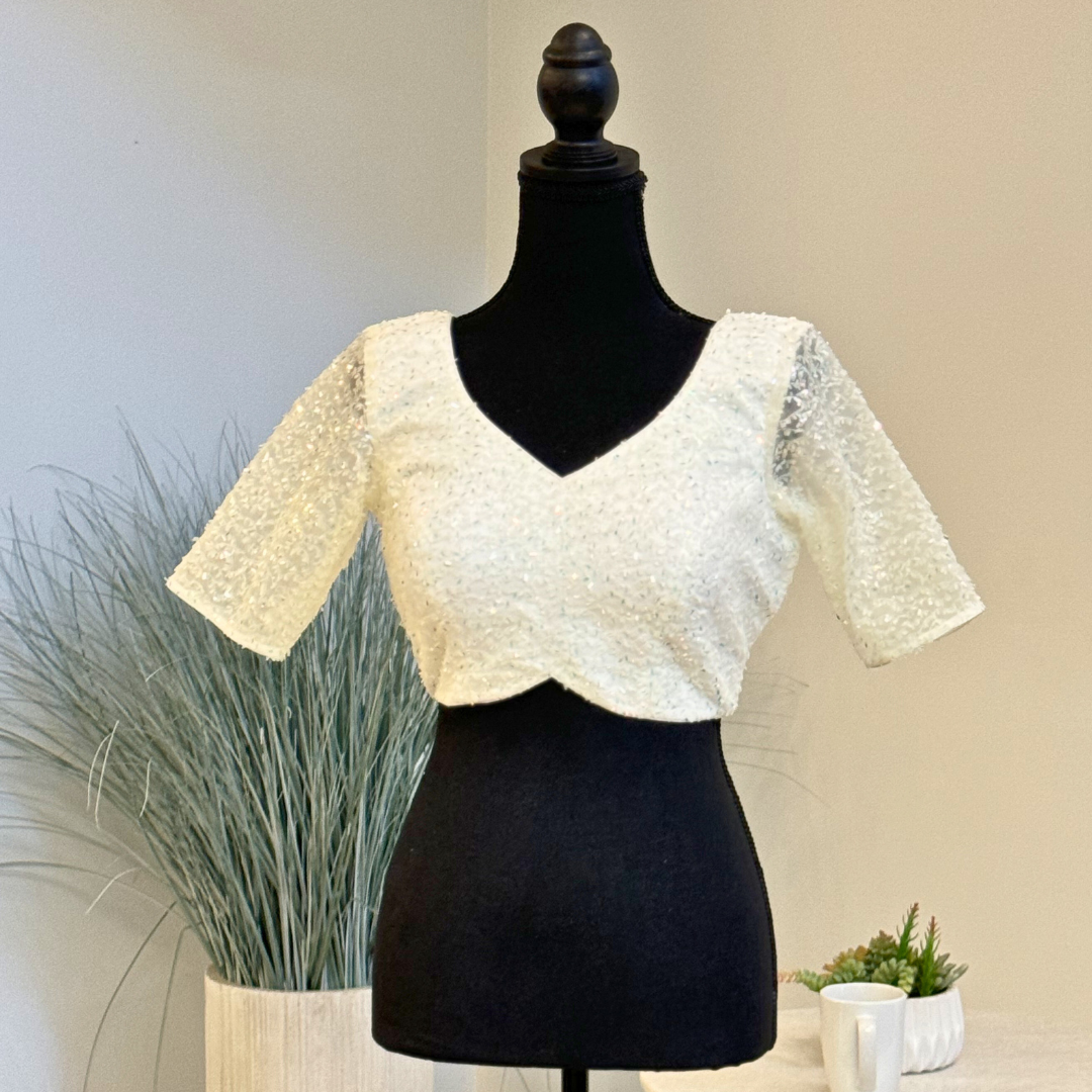 Ananya Saree Blouse - Snow White, Handmade Indian Half Sleeve  Saree Blouse for Women Readymade USA, Choli Blouse for Sari