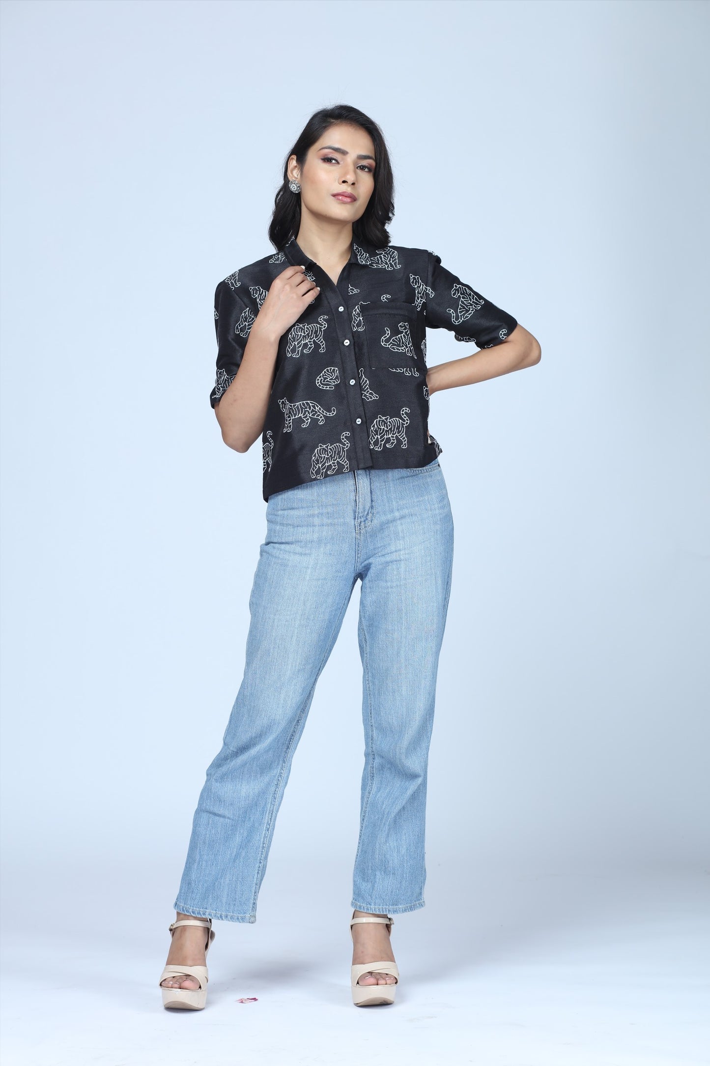 Midnight Tiger Embroidered Cropped Shirt – Modern Indian Heritage Statement - Indian Tiger inspired Cropped Shirt