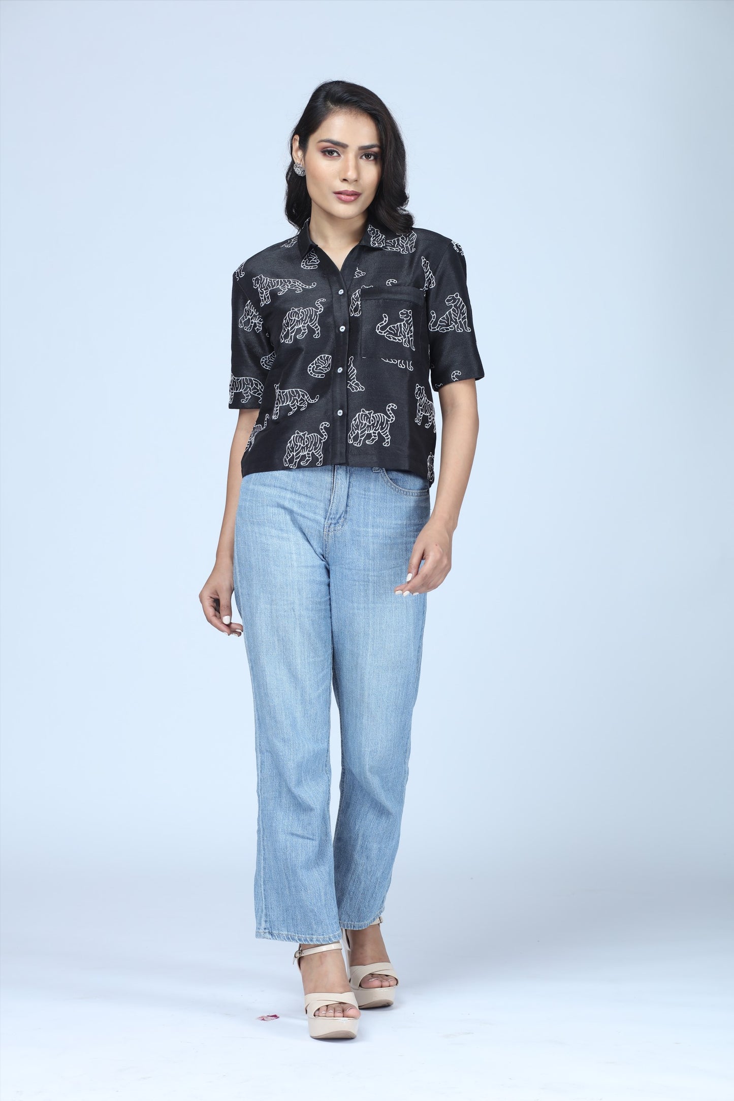 Midnight Tiger Embroidered Cropped Shirt – Modern Indian Heritage Statement - Indian Tiger inspired Cropped Shirt