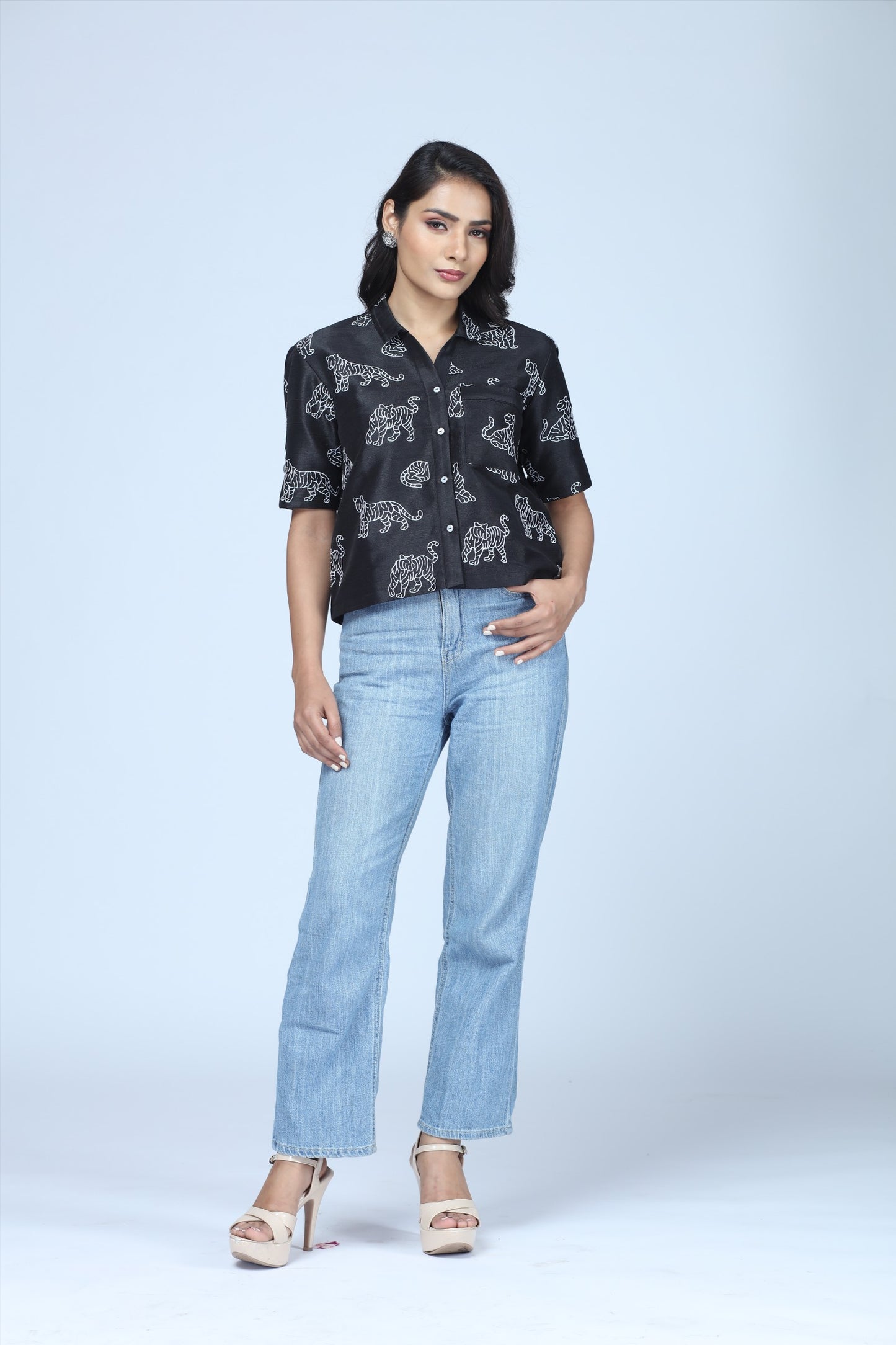 Midnight Tiger Embroidered Cropped Shirt – Modern Indian Heritage Statement - Indian Tiger inspired Cropped Shirt