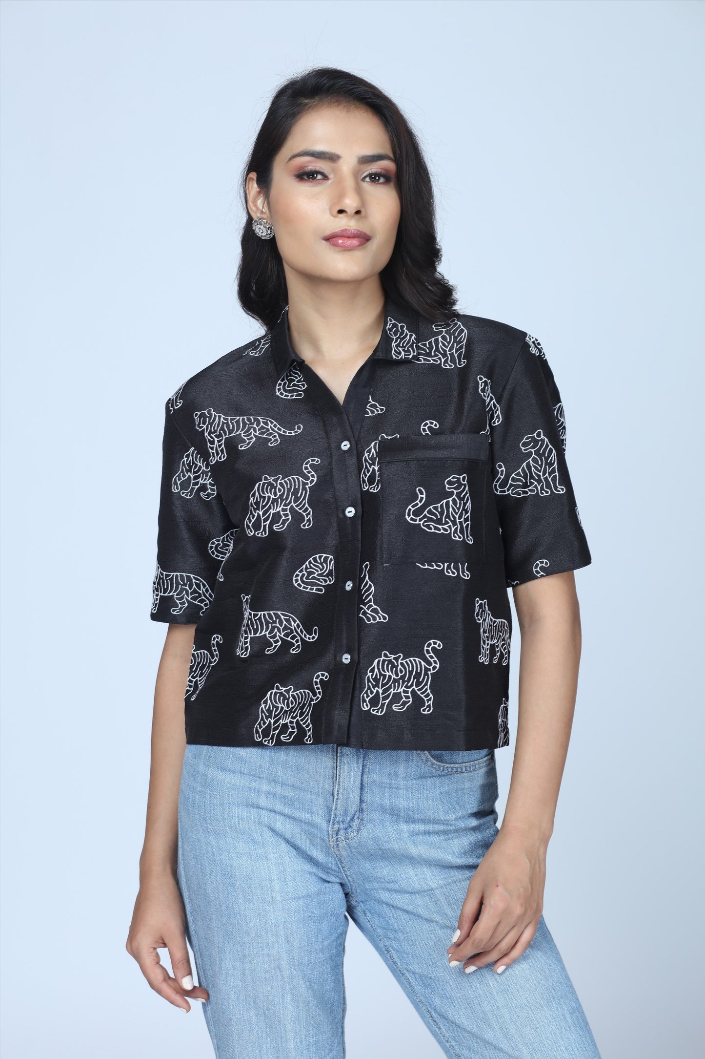 Midnight Tiger Embroidered Cropped Shirt – Modern Indian Heritage Statement - Indian Tiger inspired Cropped Shirt