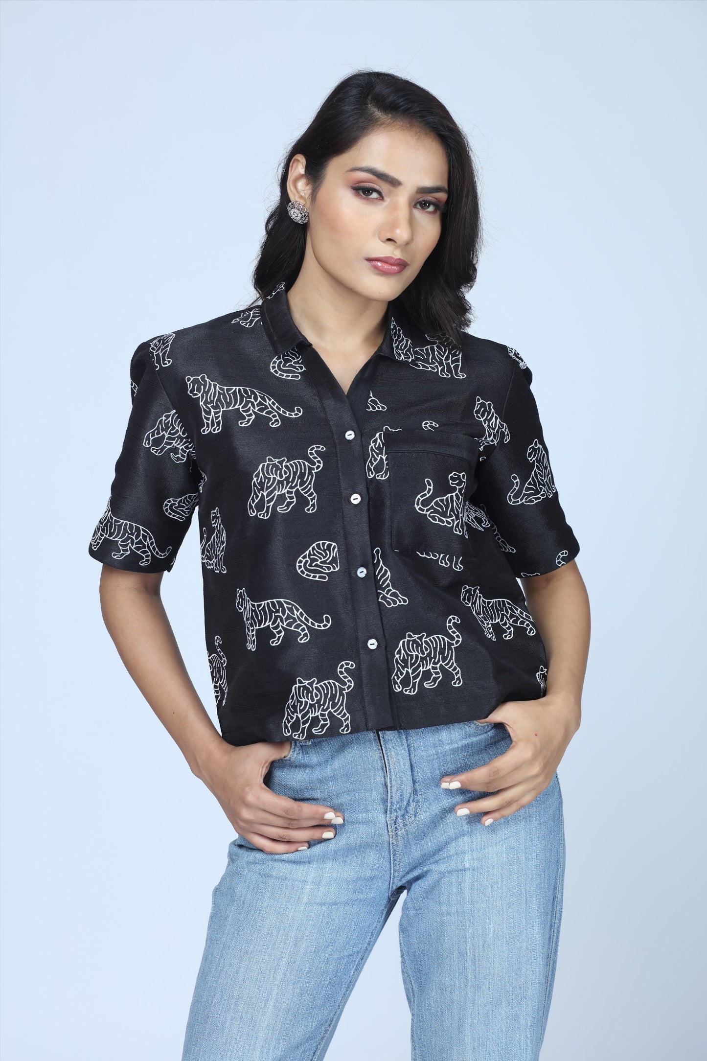 Midnight Tiger Embroidered Cropped Shirt – Modern Indian Heritage Statement - Indian Tiger inspired Cropped Shirt