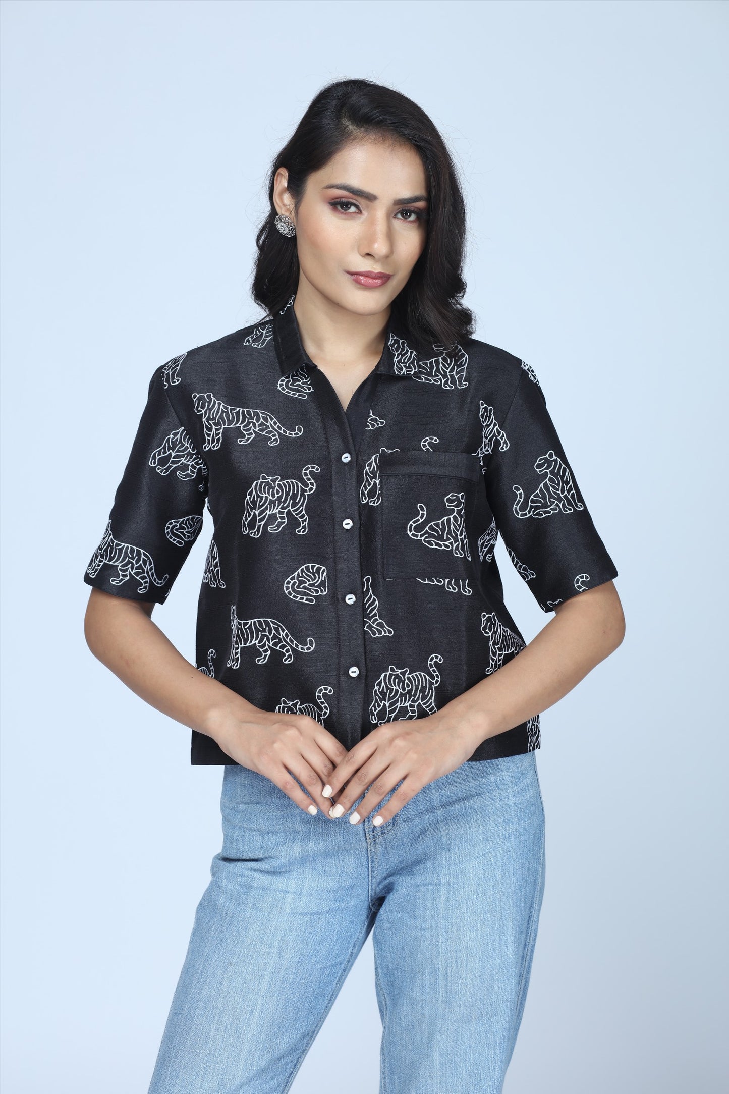 Midnight Tiger Embroidered Cropped Shirt – Modern Indian Heritage Statement - Indian Tiger inspired Cropped Shirt