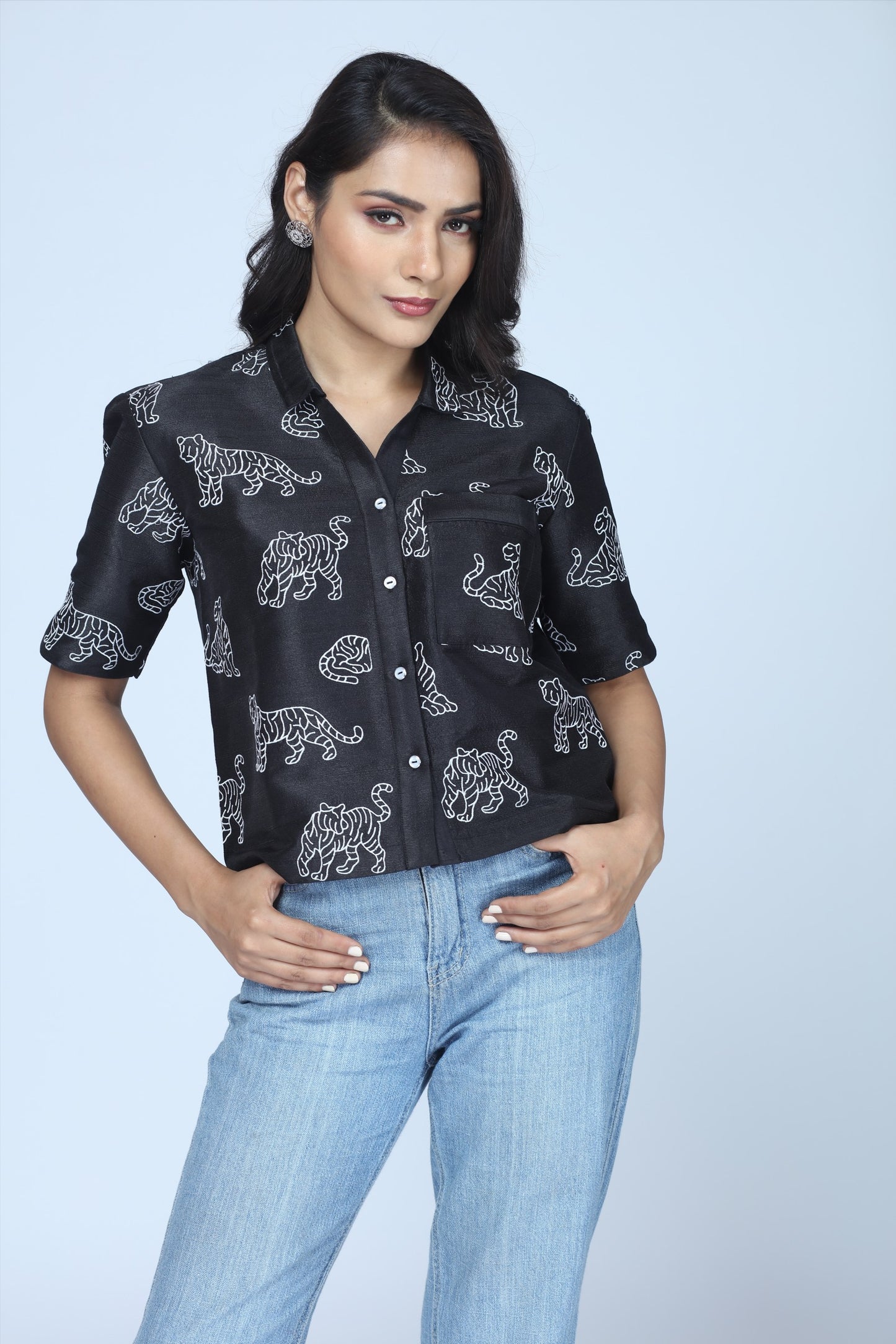 Midnight Tiger Embroidered Cropped Shirt – Modern Indian Heritage Statement - Indian Tiger inspired Cropped Shirt