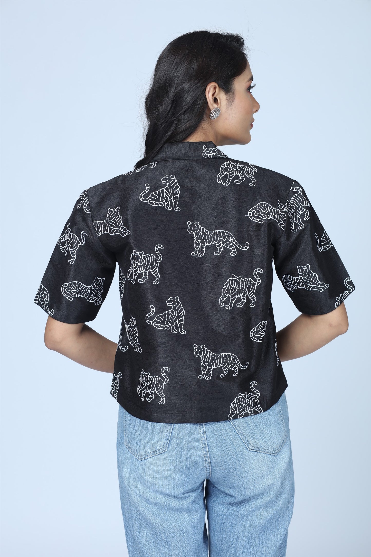 Midnight Tiger Embroidered Cropped Shirt – Modern Indian Heritage Statement - Indian Tiger inspired Cropped Shirt