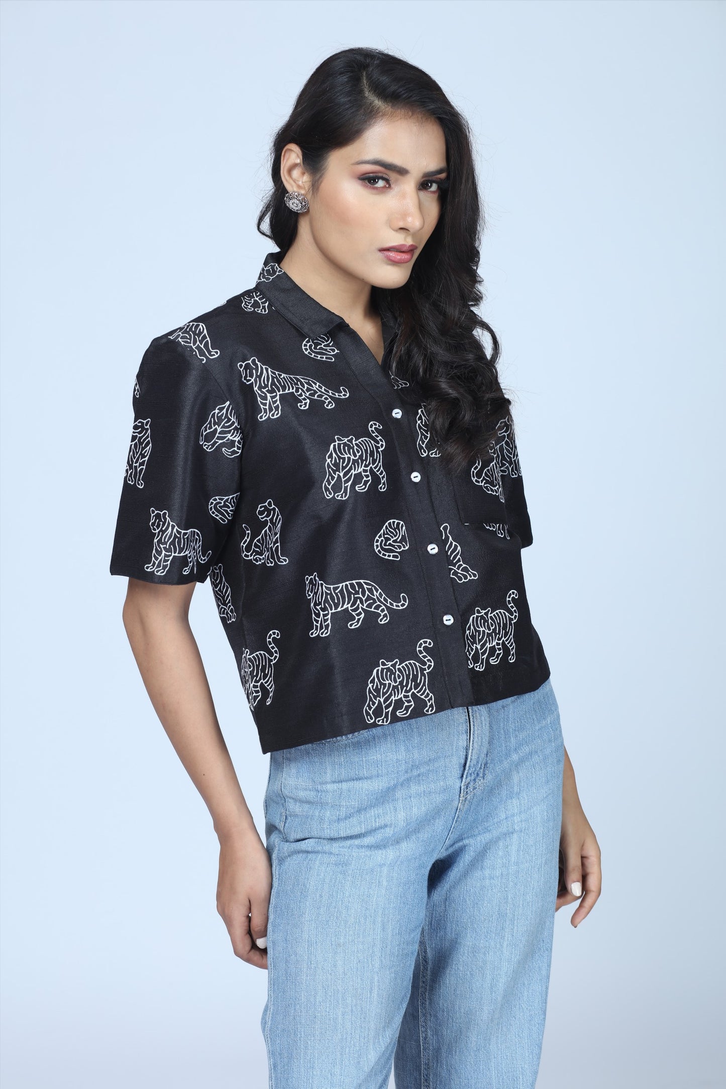 Midnight Tiger Embroidered Cropped Shirt – Modern Indian Heritage Statement - Indian Tiger inspired Cropped Shirt