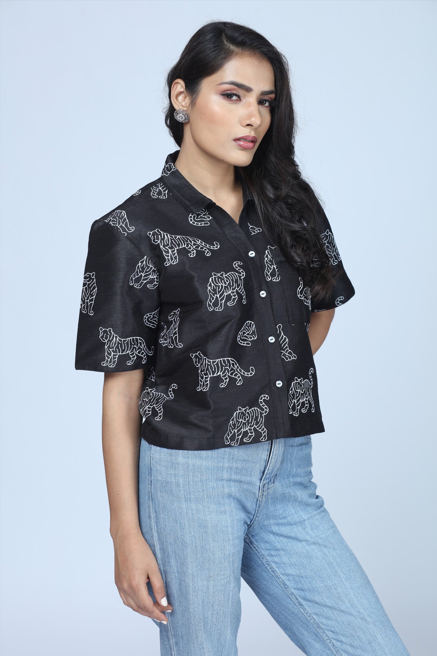 Midnight Tiger Embroidered Cropped Shirt – Modern Indian Heritage Statement - Indian Tiger inspired Cropped Shirt