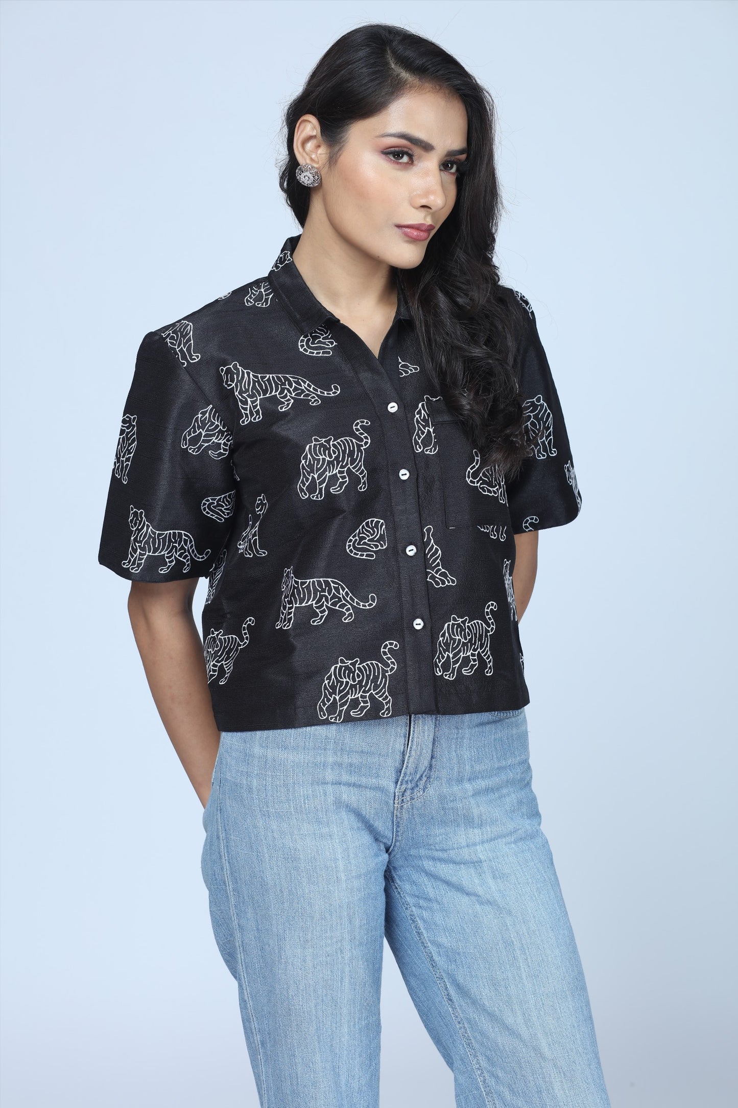Midnight Tiger Embroidered Cropped Shirt – Modern Indian Heritage Statement - Indian Tiger inspired Cropped Shirt
