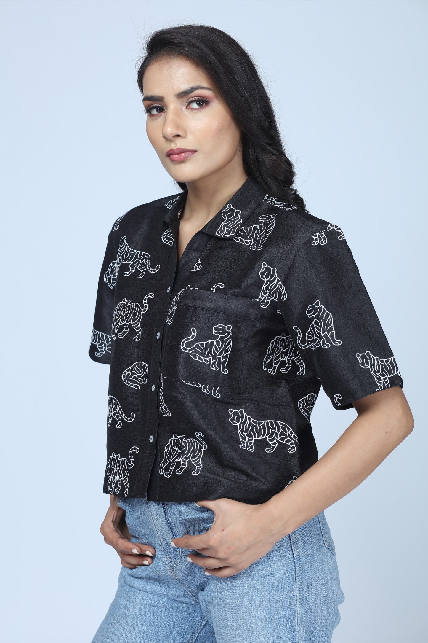 Midnight Tiger Embroidered Cropped Shirt – Modern Indian Heritage Statement - Indian Tiger inspired Cropped Shirt