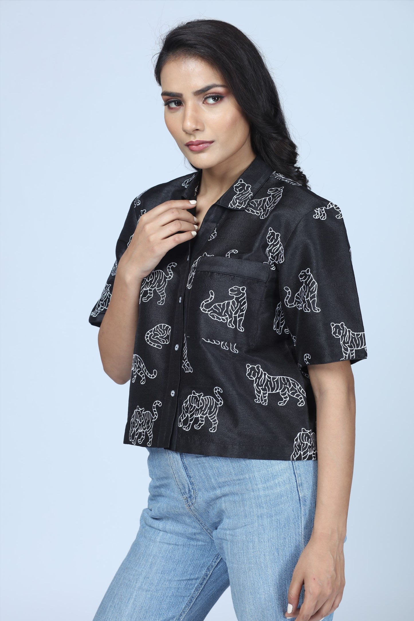 Midnight Tiger Embroidered Cropped Shirt – Modern Indian Heritage Statement - Indian Tiger inspired Cropped Shirt