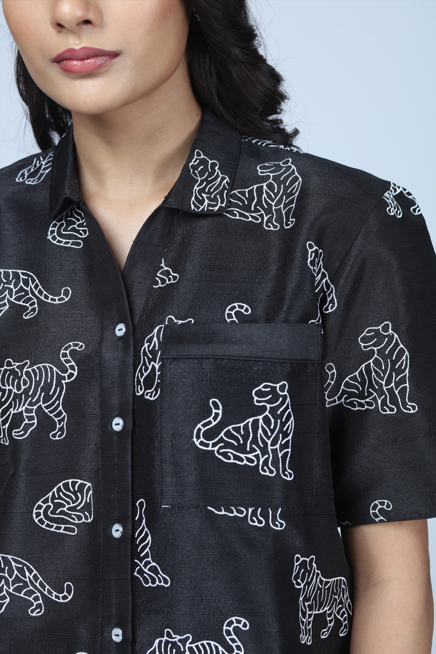 Midnight Tiger Embroidered Cropped Shirt – Modern Indian Heritage Statement - Indian Tiger inspired Cropped Shirt