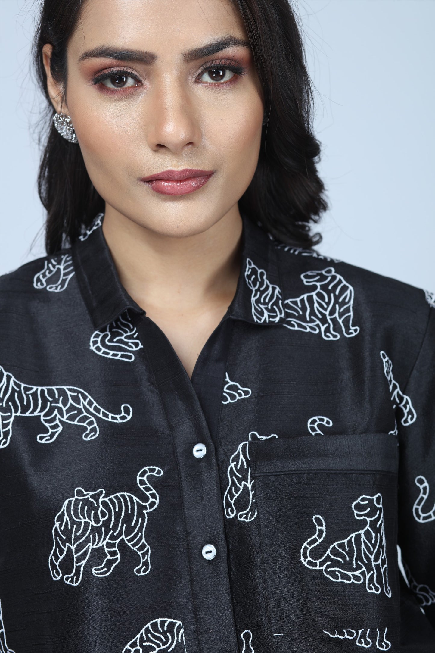 Midnight Tiger Embroidered Cropped Shirt – Modern Indian Heritage Statement - Indian Tiger inspired Cropped Shirt
