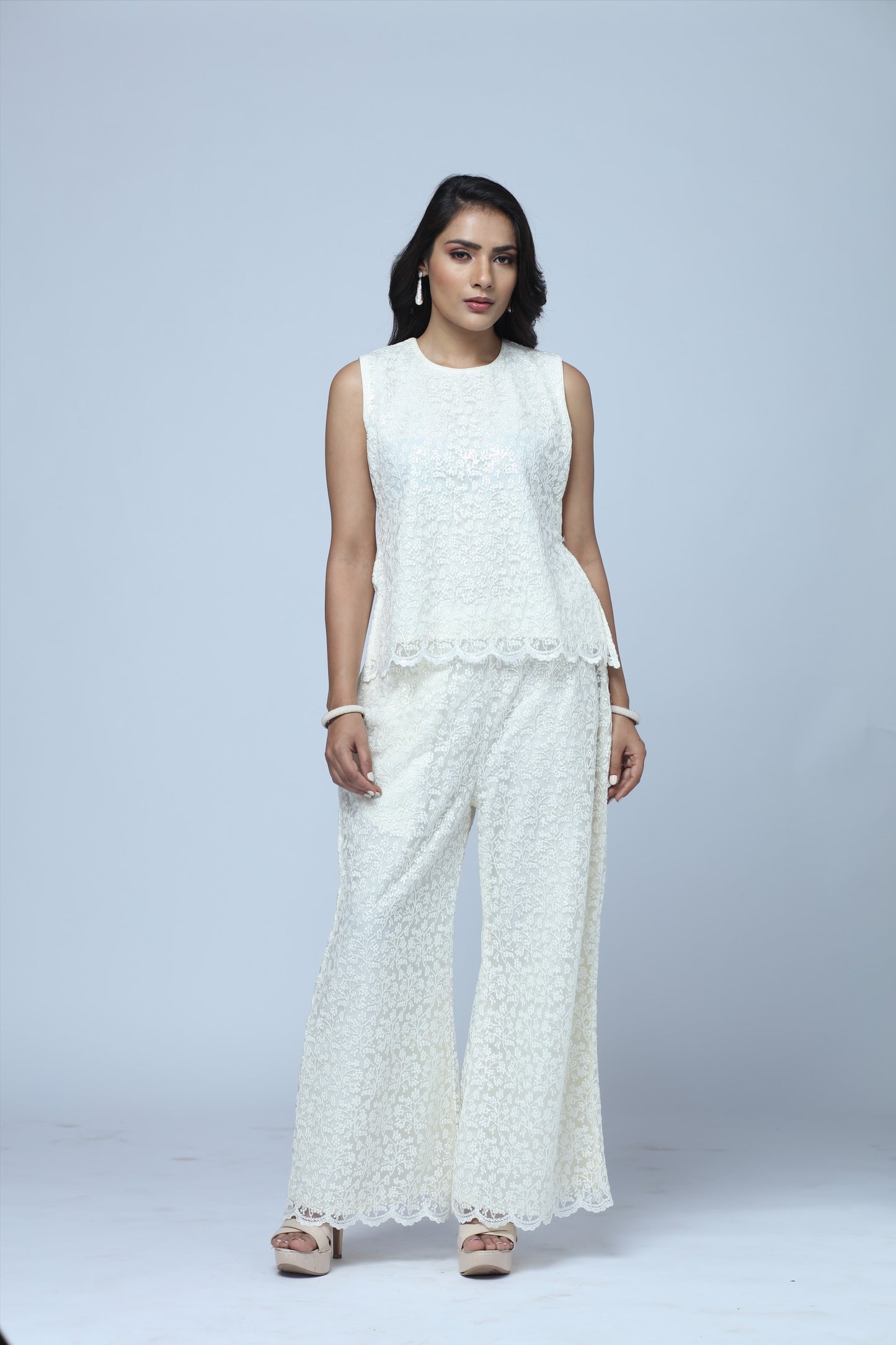 Ivory Lace Lounge Set – 2-Piece Relaxed Top & Wide-Leg Pants
