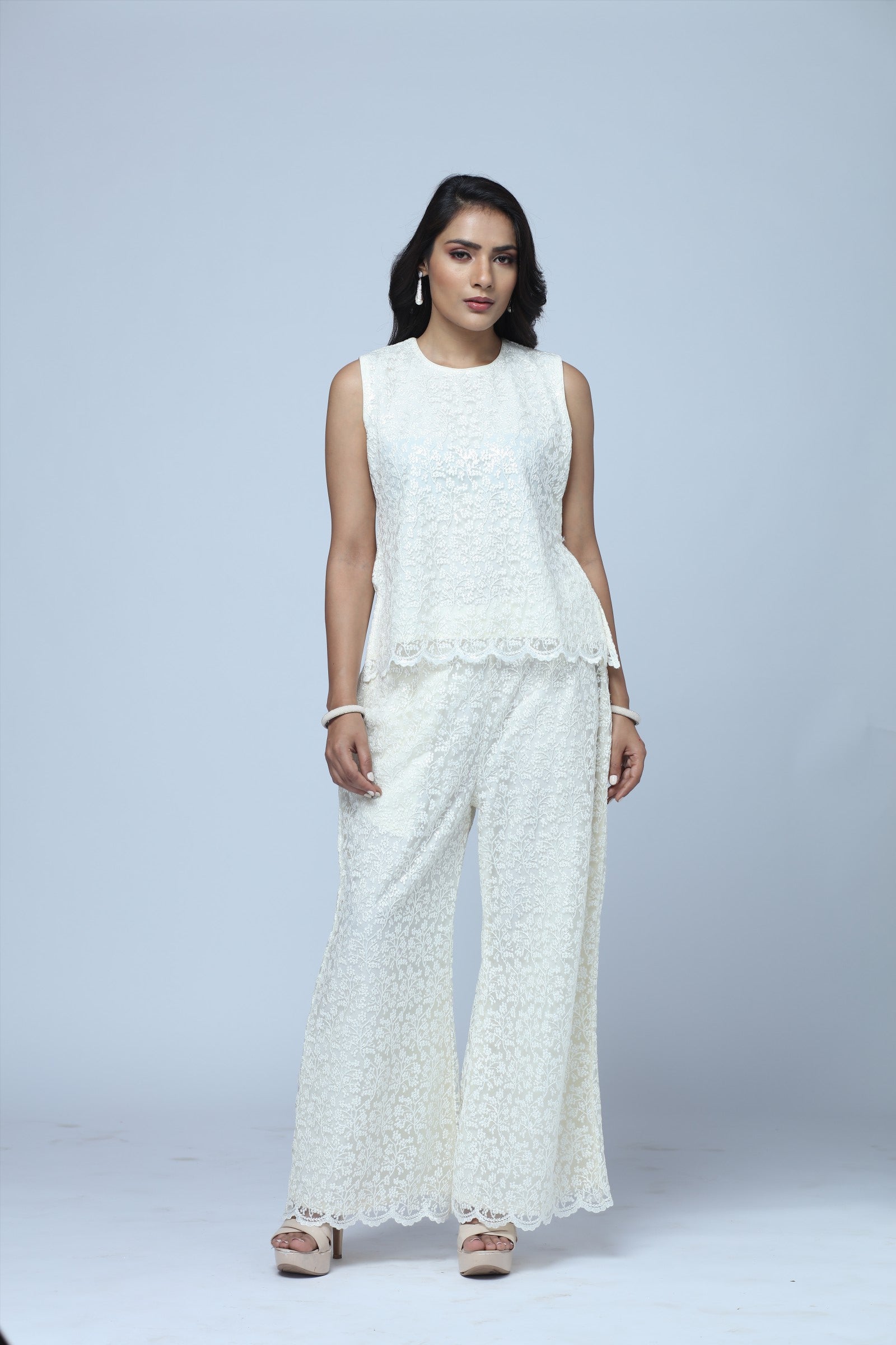 Ivory Lace Lounge Set – 2-Piece Relaxed Top & Wide-Leg Pants