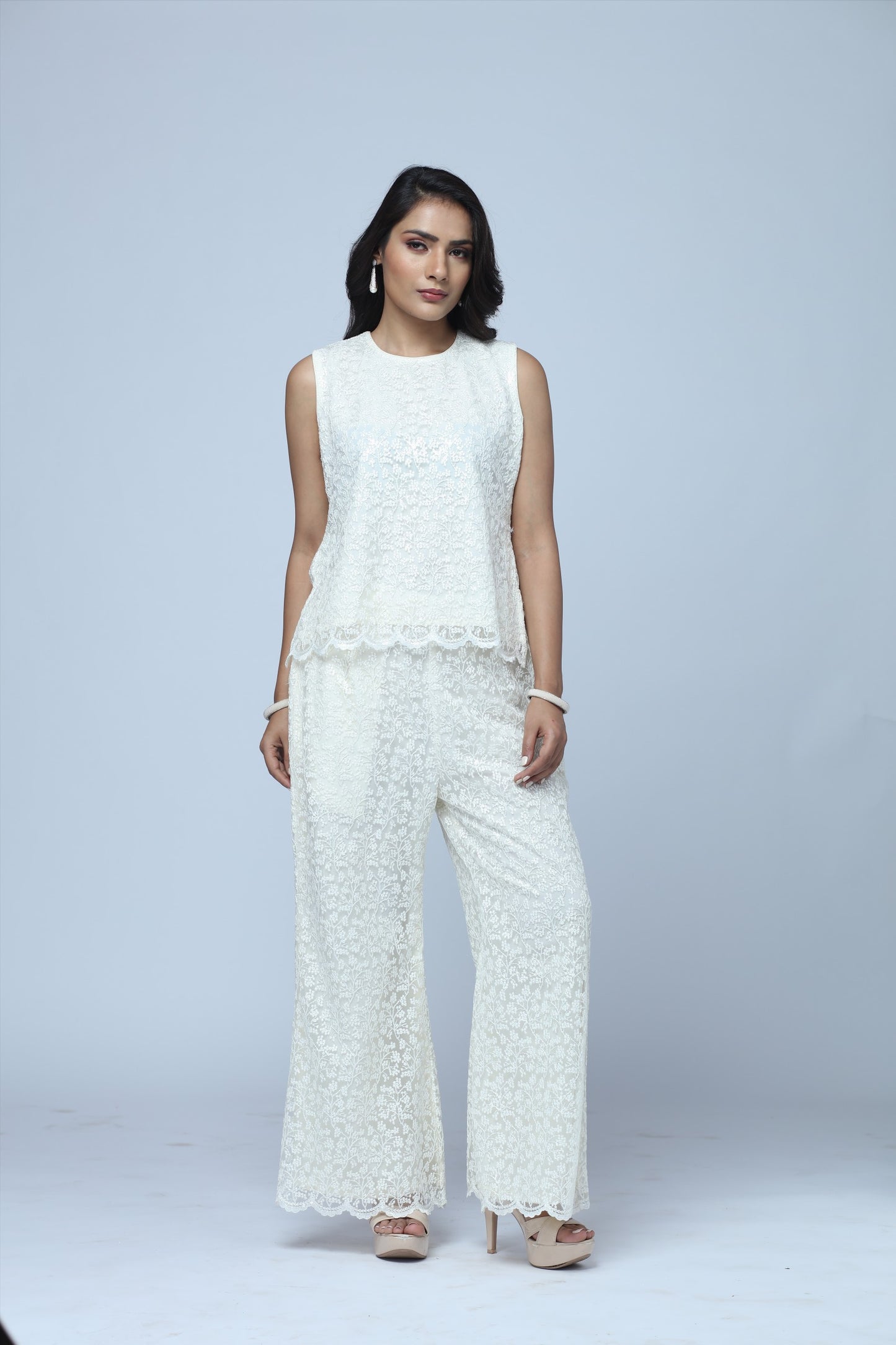 Ivory Lace Lounge Set – 2-Piece Relaxed Top & Wide-Leg Pants