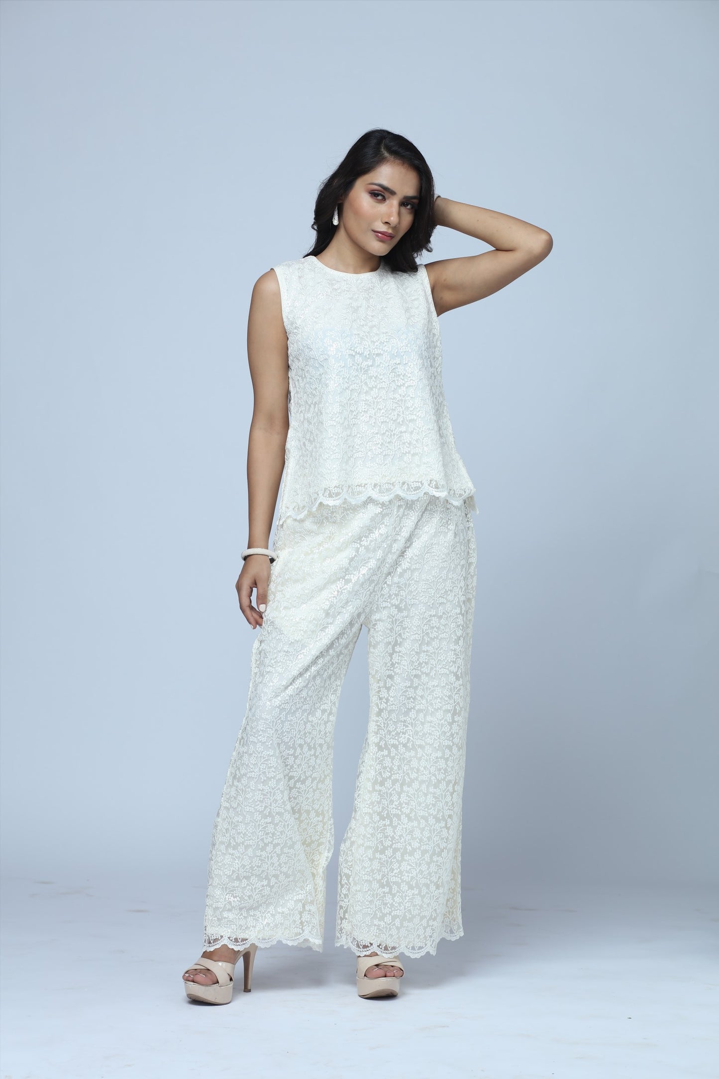Ivory Lace Lounge Set – 2-Piece Relaxed Top & Wide-Leg Pants