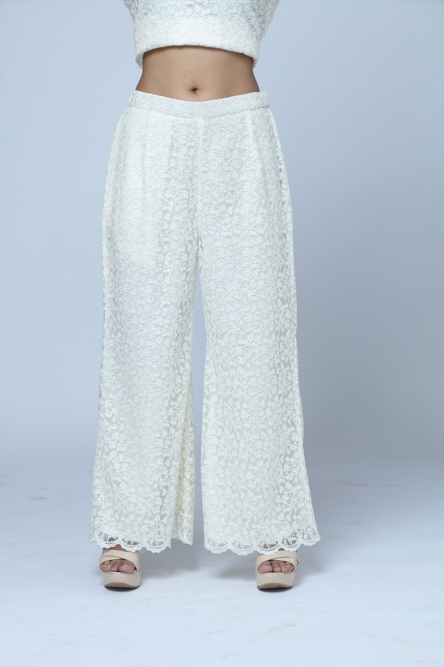 Ivory Lace Lounge Set – 2-Piece Relaxed Top & Wide-Leg Pants