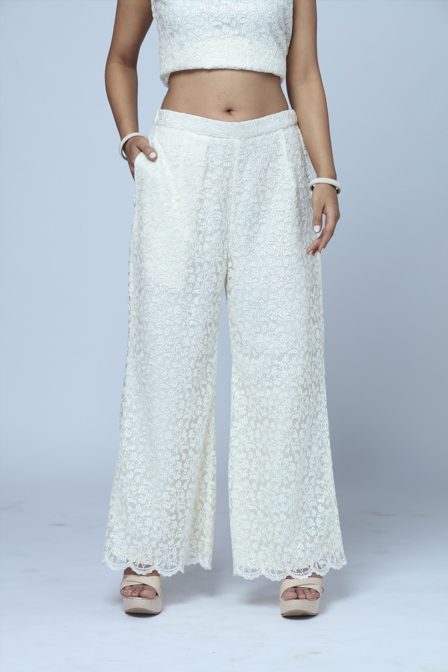 Ivory Lace Lounge Set – 2-Piece Relaxed Top & Wide-Leg Pants