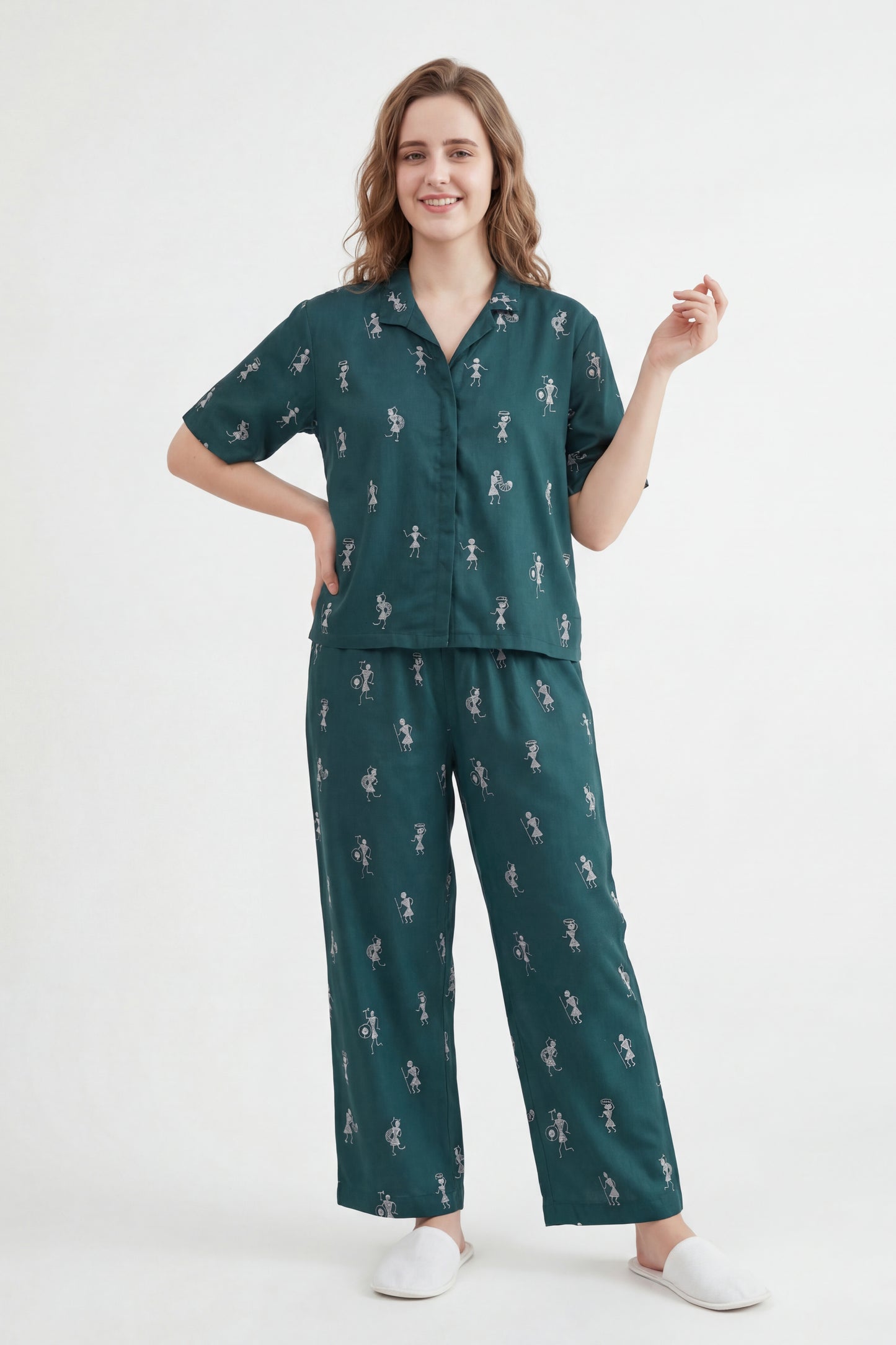Warli Embroidered Lounge Wear Set - Meher Set by Gada Sisters, Indian Pajama Set for Women, Handmade Indian inspired Lounge wear Set