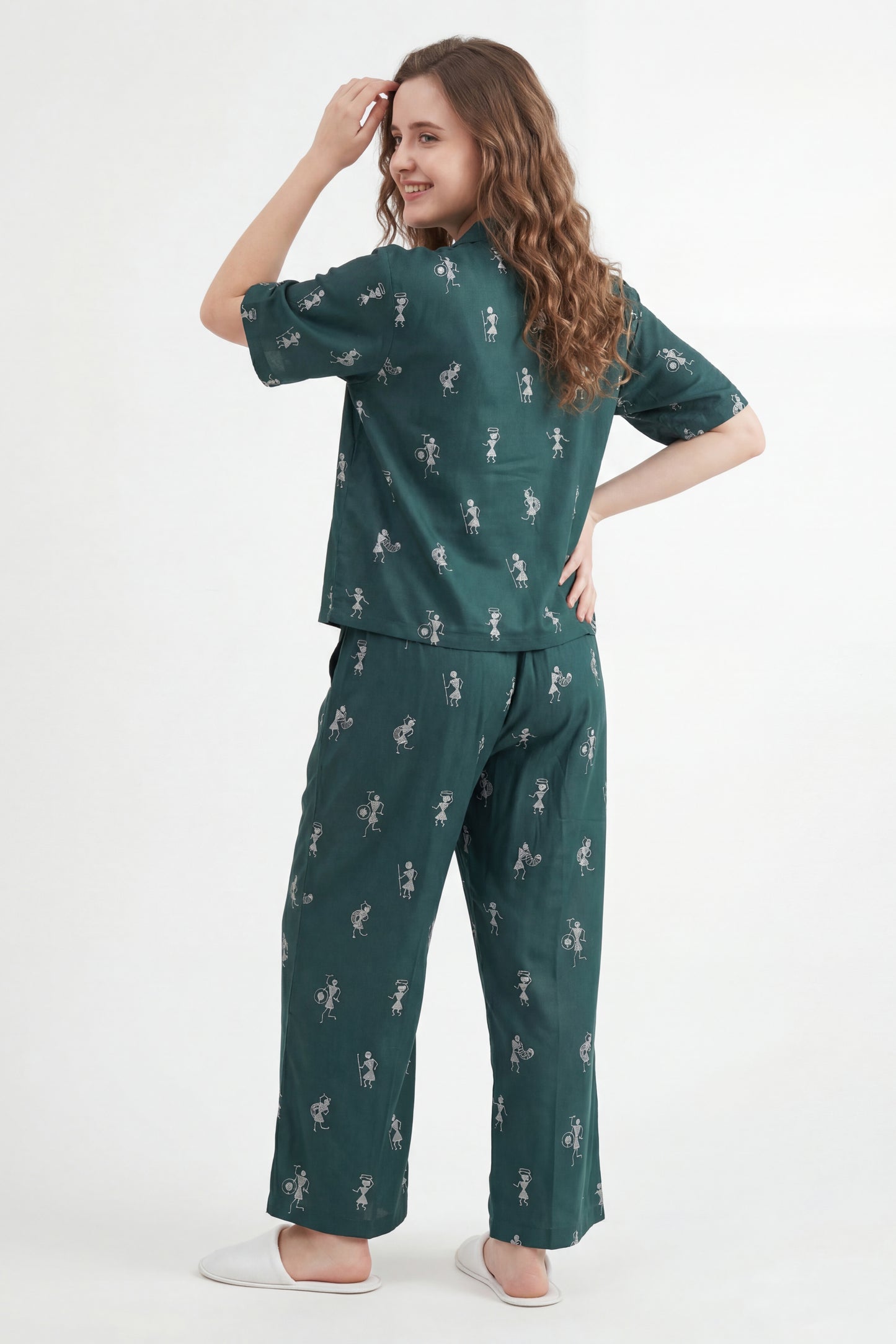Warli Embroidered Lounge Wear Set - Meher Set by Gada Sisters, Indian Pajama Set for Women, Handmade Indian inspired Lounge wear Set