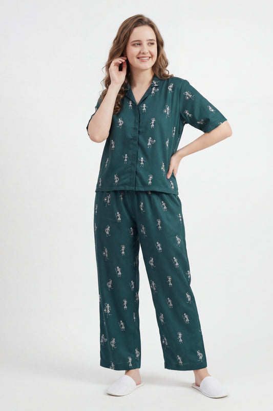 Warli Embroidered Lounge Wear Set - Meher Set by Gada Sisters, Indian Pajama Set for Women, Handmade Indian inspired Lounge wear Set