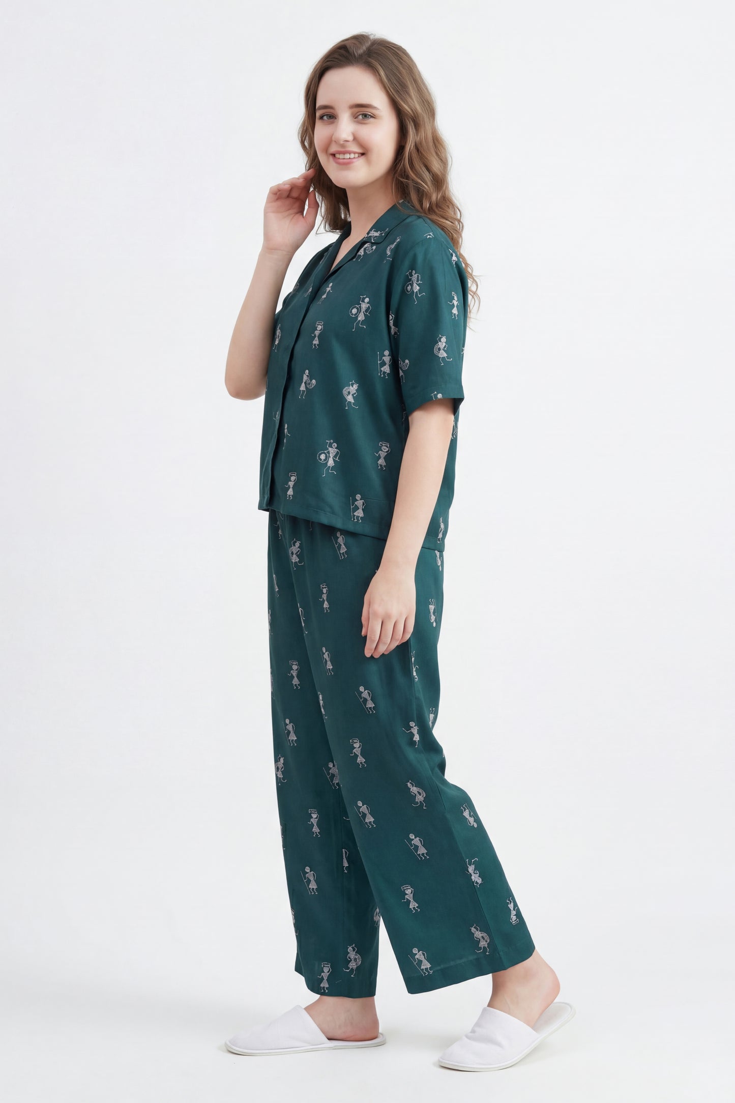 Warli Embroidered Lounge Wear Set - Meher Set by Gada Sisters, Indian Pajama Set for Women, Handmade Indian inspired Lounge wear Set