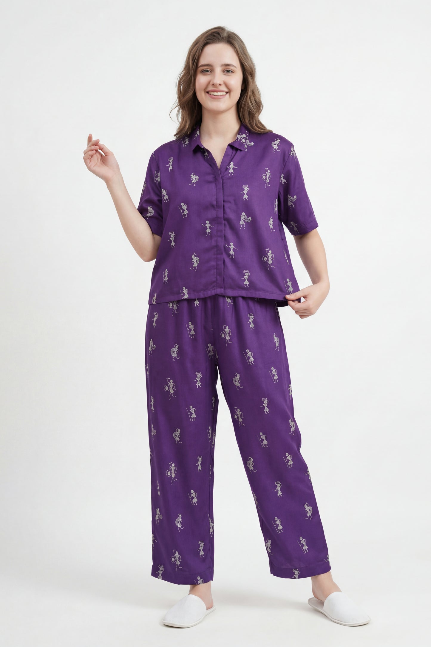 Warli Embroidered Lounge Wear Set - Meher Set by Gada Sisters, Indian Pajama Set for Women, Handmade Indian inspired Lounge wear Set