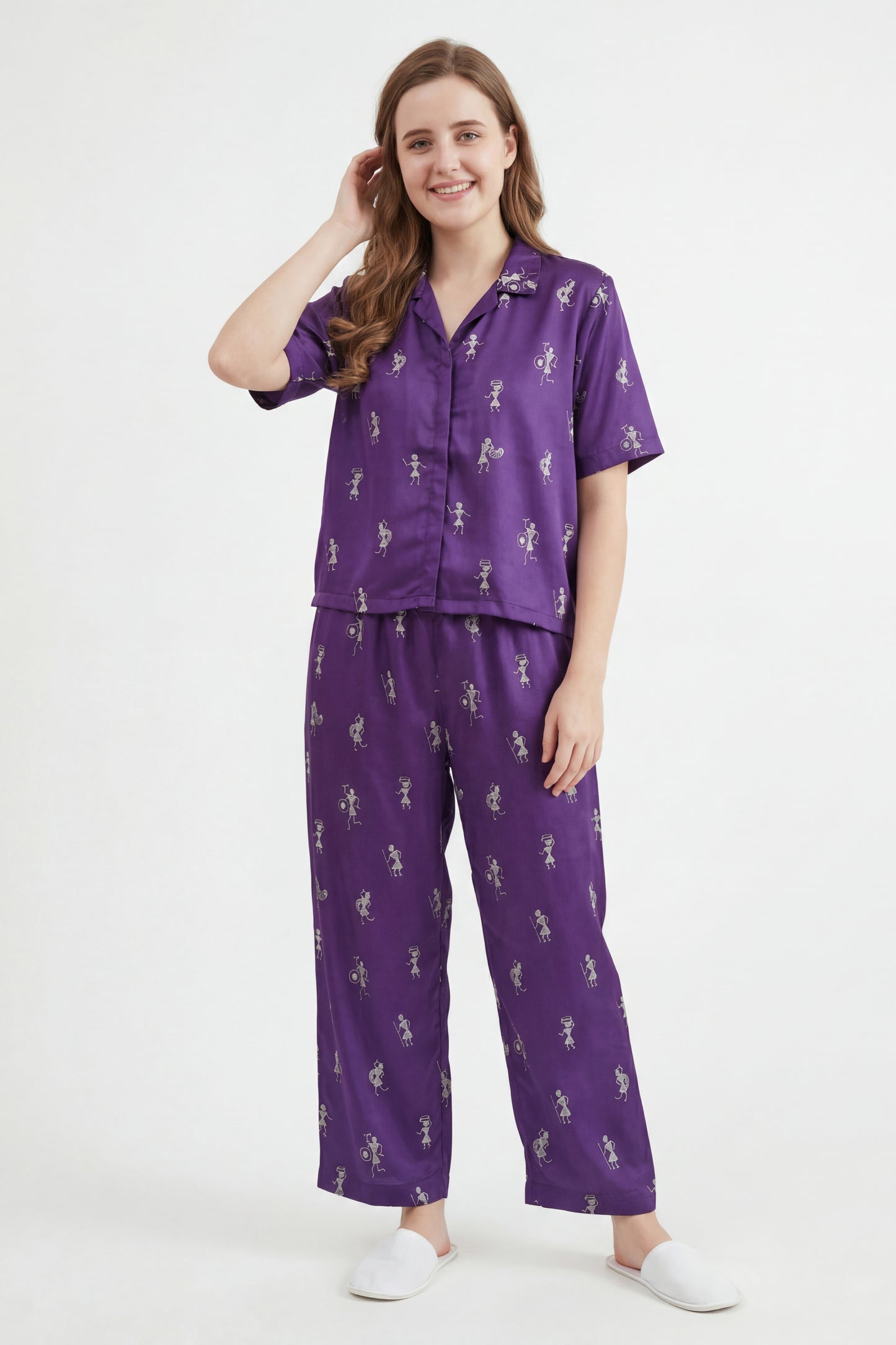 Warli Embroidered Lounge Wear Set - Meher Set by Gada Sisters, Indian Pajama Set for Women, Handmade Indian inspired Lounge wear Set