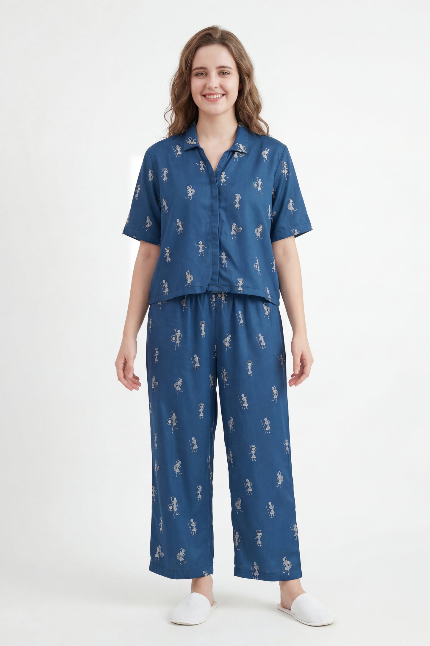 Warli Embroidered Lounge Wear Set - Meher Set by Gada Sisters, Indian Pajama Set for Women, Handmade Indian inspired Lounge wear Set