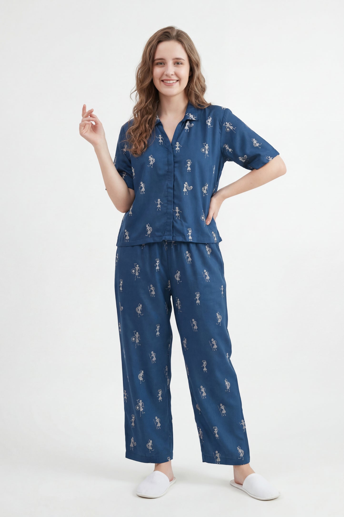 Warli Embroidered Lounge Wear Set - Meher Set by Gada Sisters, Indian Pajama Set for Women, Handmade Indian inspired Lounge wear Set