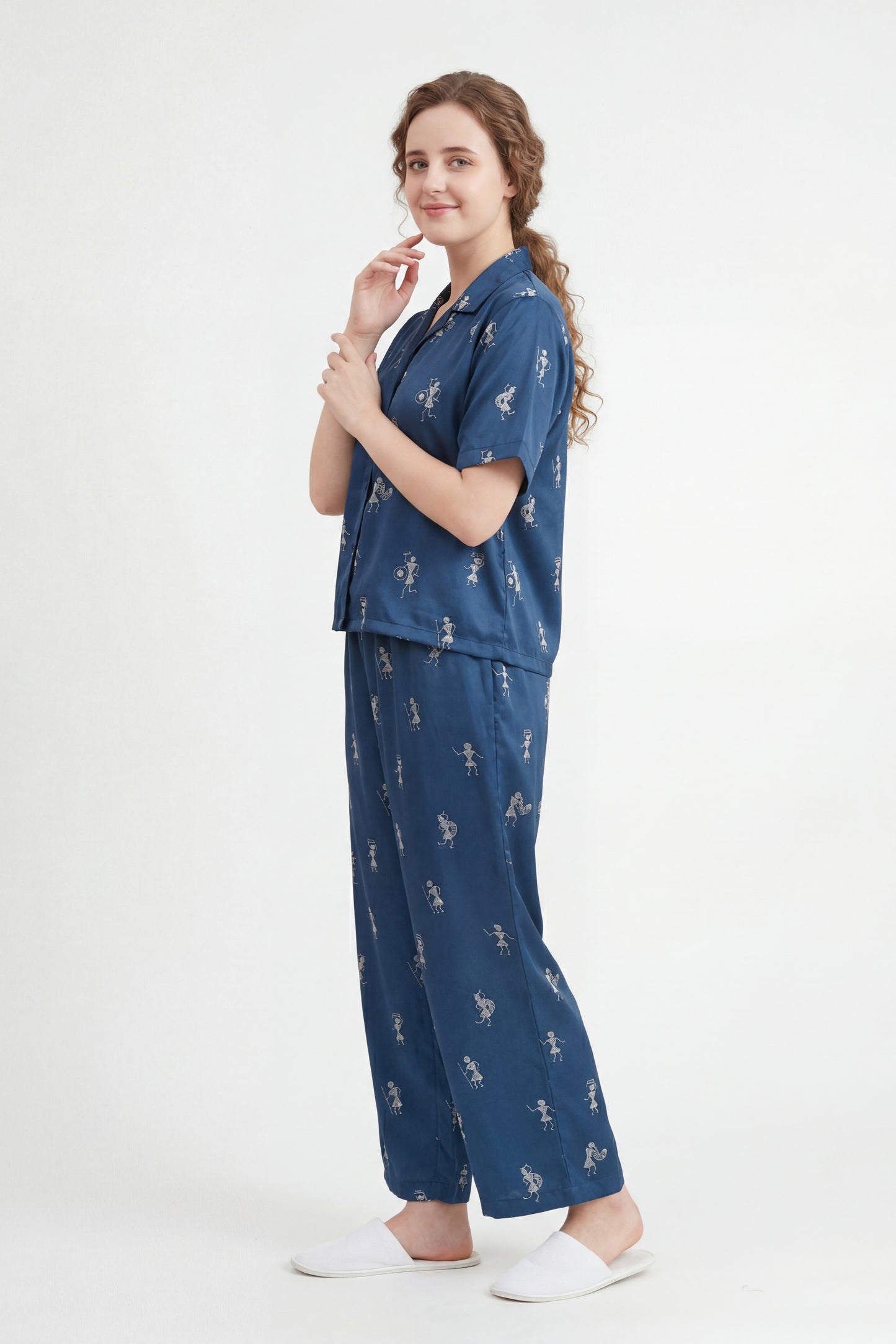 Warli Embroidered Lounge Wear Set - Meher Set by Gada Sisters, Indian Pajama Set for Women, Handmade Indian inspired Lounge wear Set