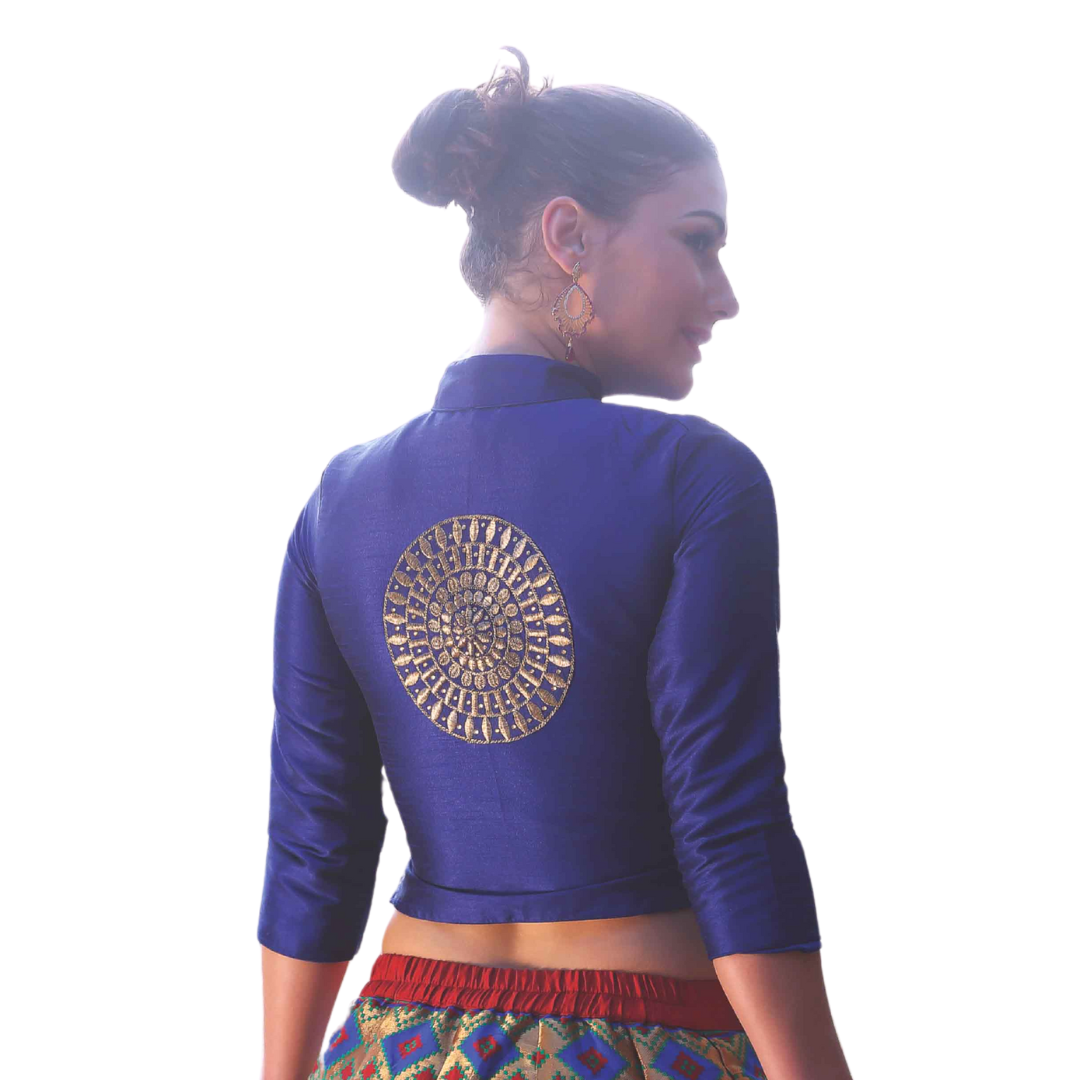 Sara Saree Blouse - Royal Blue, Handmade Indian Art Silk Full Sleeve Long Saree Blouse for Women Readymade USA, Long Sleeve Choli Blouse for Sari