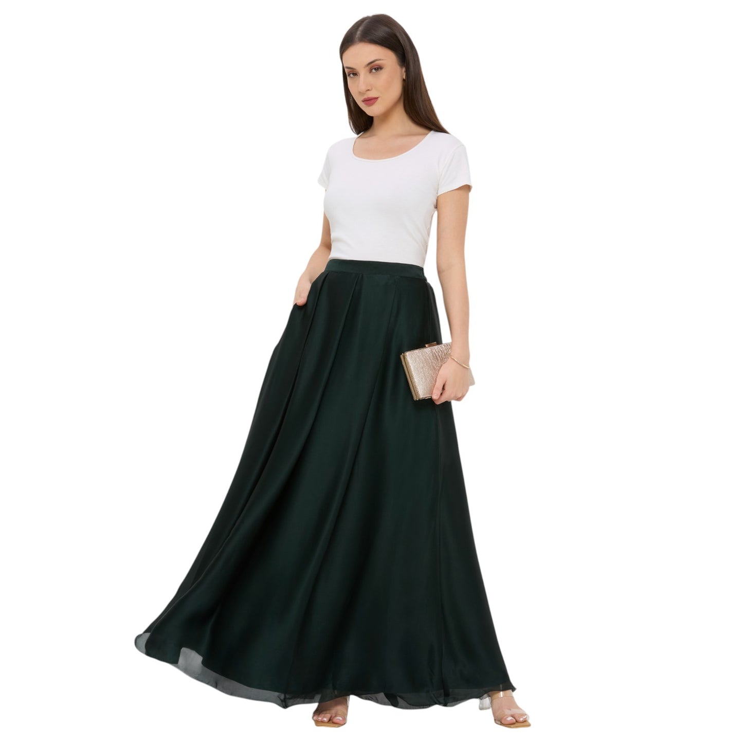 Bottle Green Satin Skirt with Pocket, Full Length Lehenga Skirt for Women, Festive Desi Outfit, Modern Indian Clothing Readymade USA
